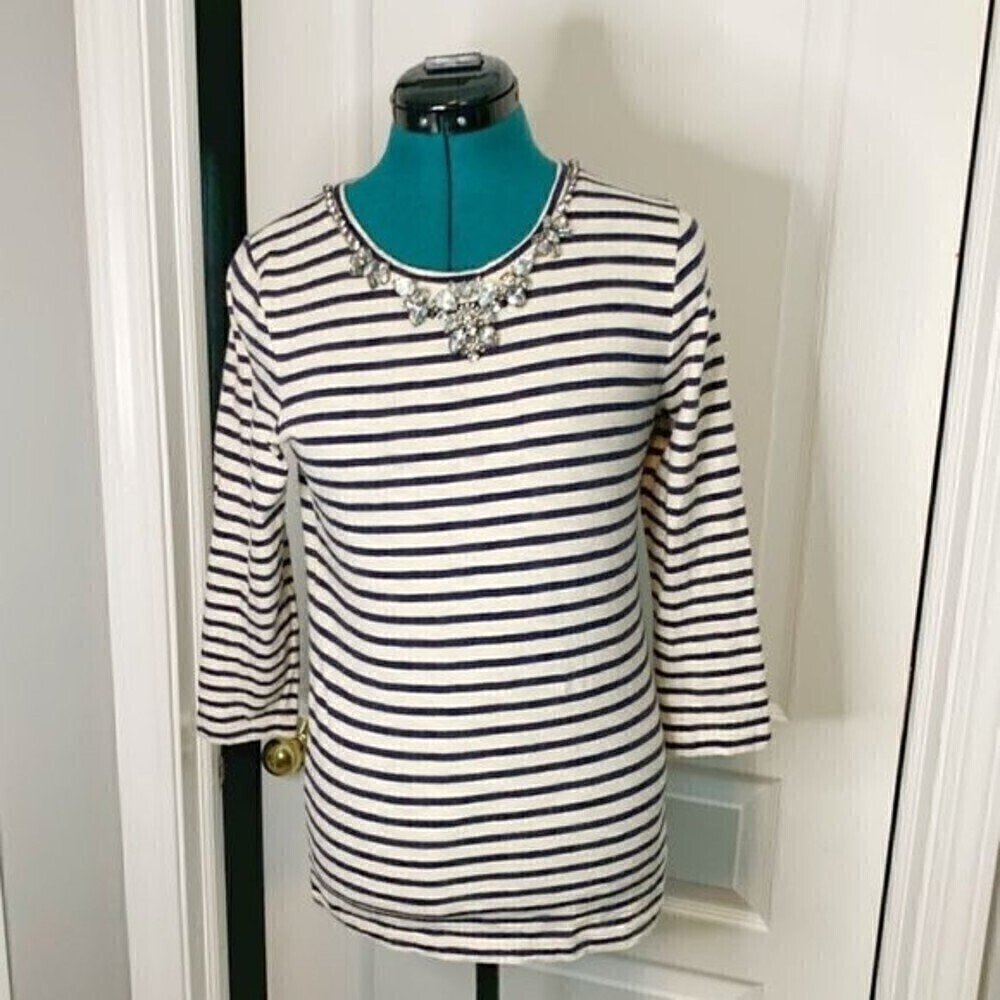 J. Crew Nautical Stripe Rhinestone Crew Neck 3/4 Sleeve Casual Top